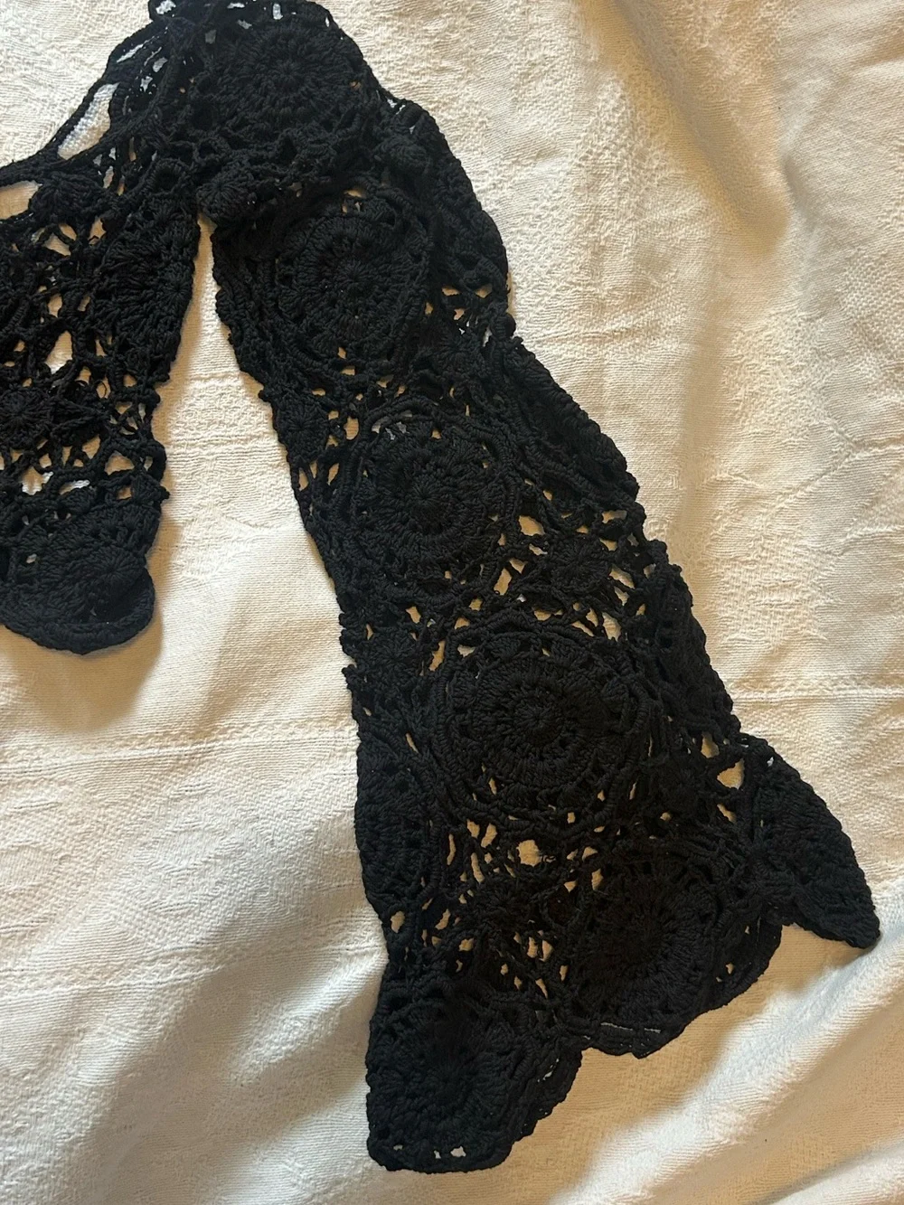 NWOT Handmade Crochet Bell Sleeve Cropped Festival Top - Black, size XS-M